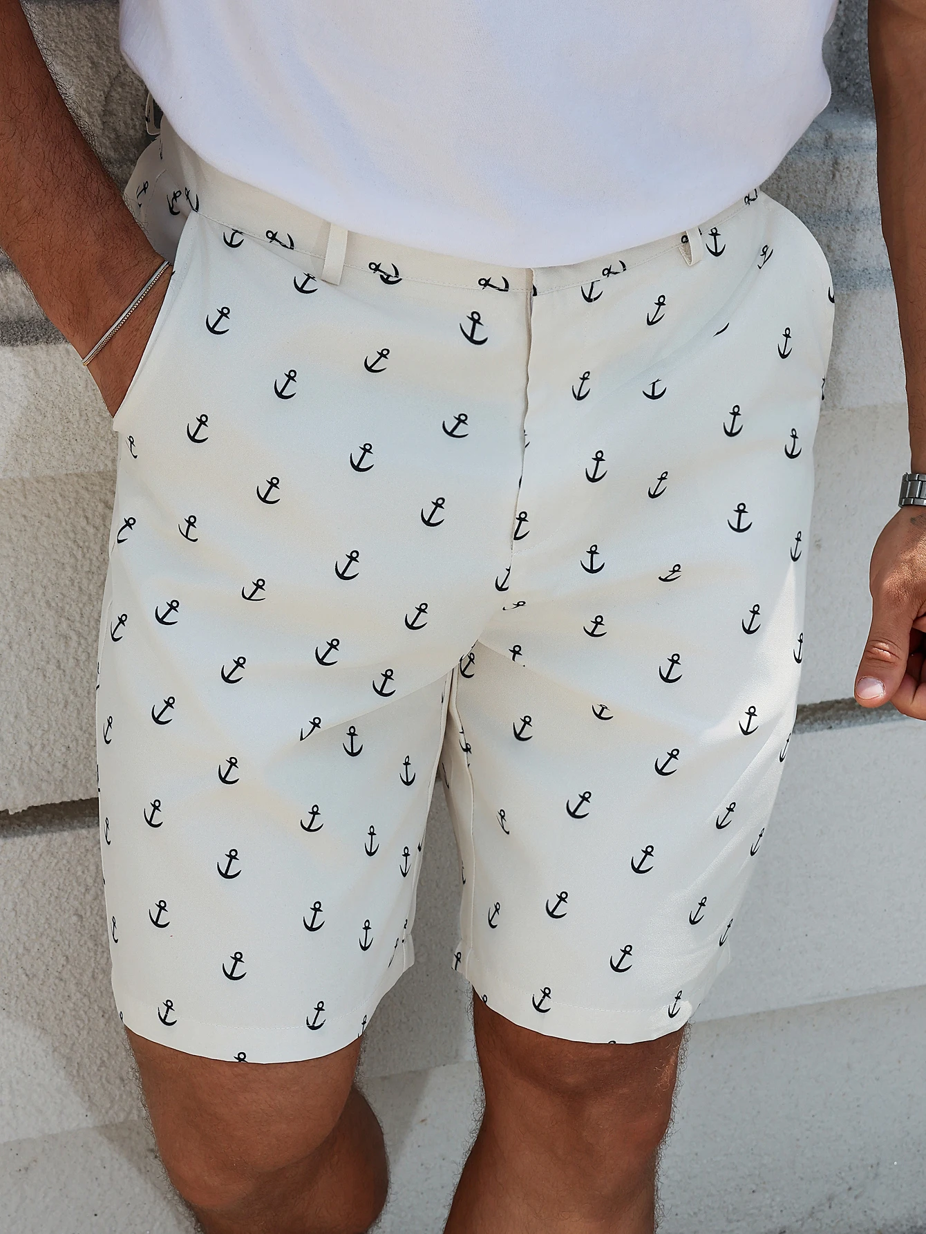 1PCS Men's Floral Anchor Printed Shorts Pants with Comfortable Button Design, Stylish Casual Wear Perfect for Daily Use, All ove