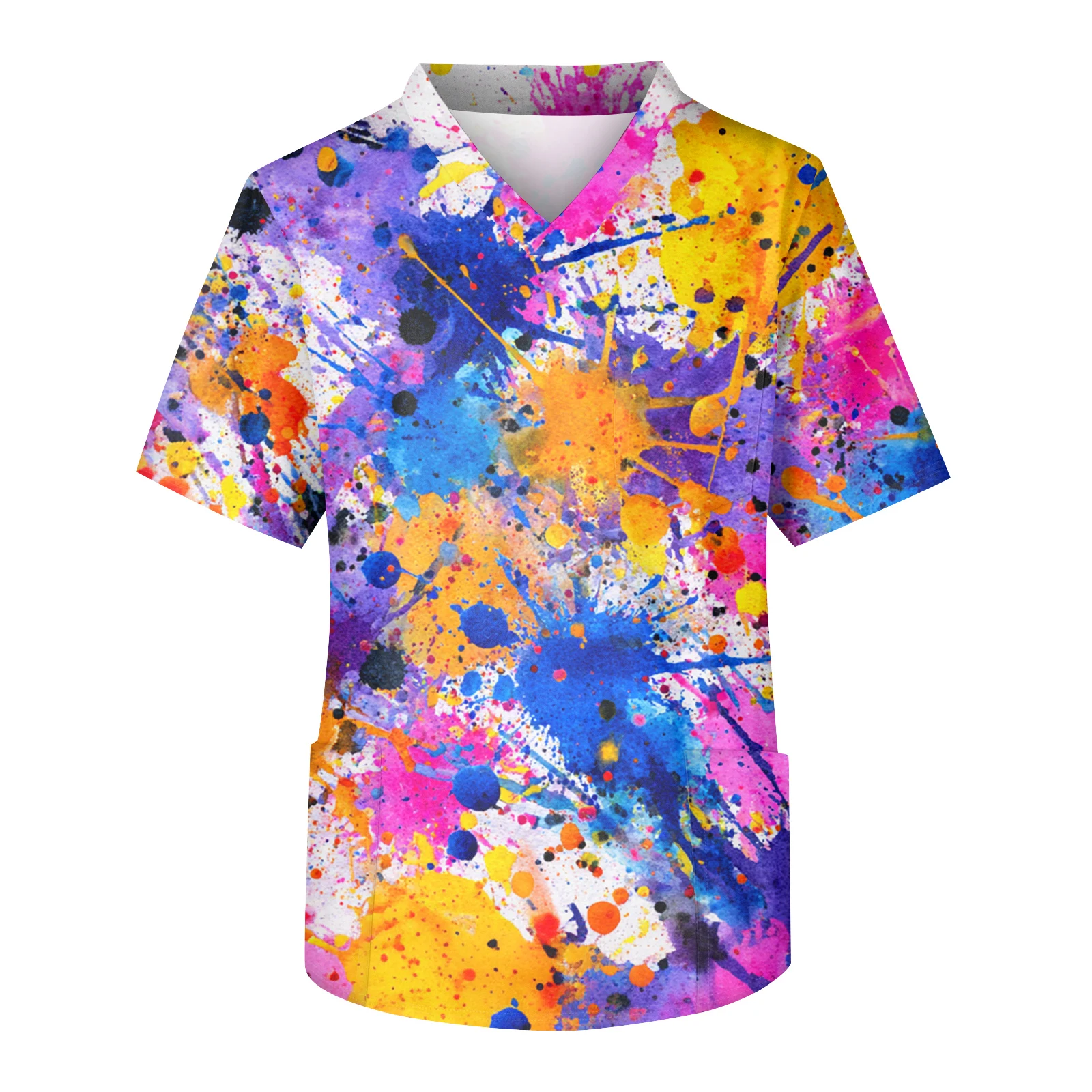 Uniforme d'infirmière à manches courtes et col en v, uniforme d'infirmière imprimé de carnaval, chemise à manches courtes pour hommes, veste de soignant de poche