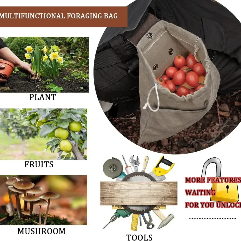 Foldable Foraging Bag Leather Canvas Mushroom Hunting Pouch Expandable Portable Outdoor Gathering Bag for Berries Herbs