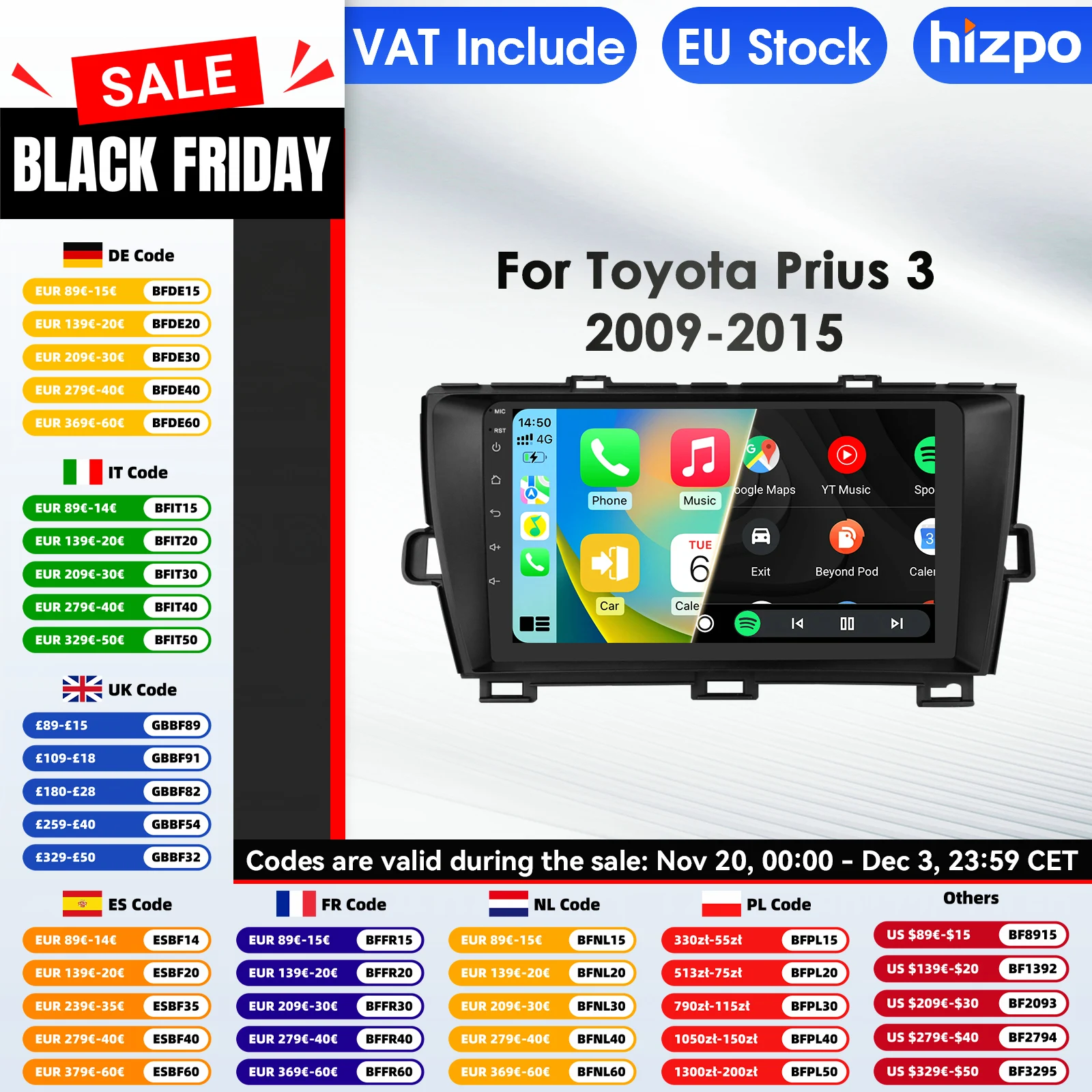 Hizpo 2 Din Radio de coche para Toyota Prius XW30 2009-2015 reproductor Multimedia de Audio Android Auto GPS Carplay WIFI FM RDS Autoradio AI