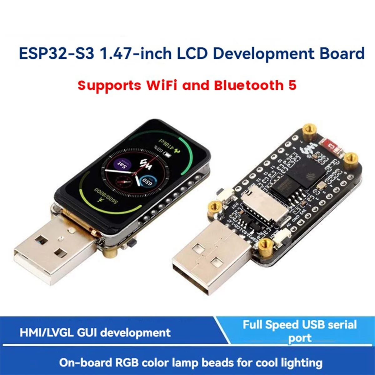 ESP32-S3 Development Board 1.47 Inch LCD Display On-Board RGB Color Micro-SD Card Holder Full-Speed USB Serial Port