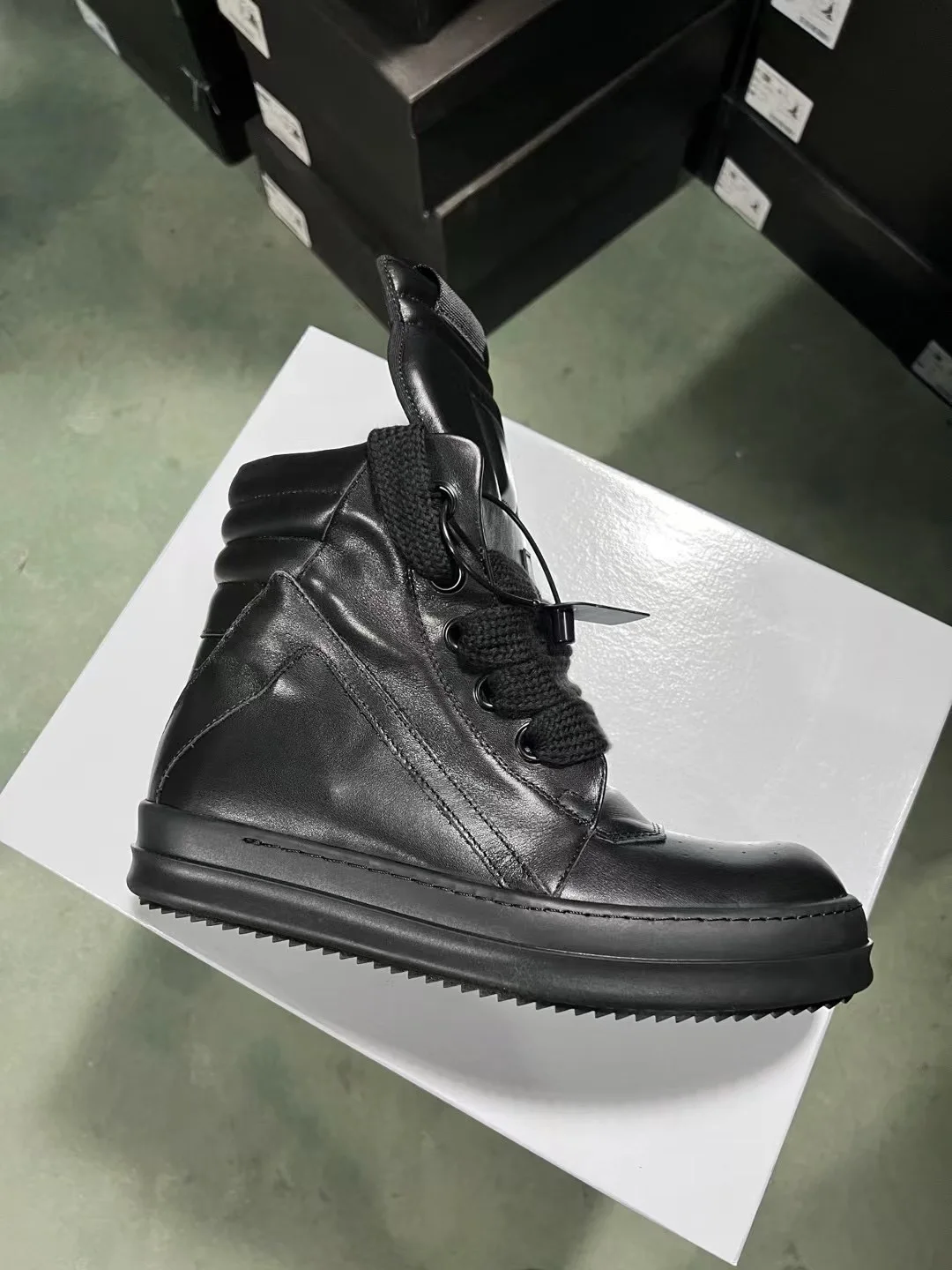 Ricks Genious Black Leather Jumbo Lace High Top Geobasket Owens Quality Men Shoe Women Sneaker Casual Owens Design boots & Shoes