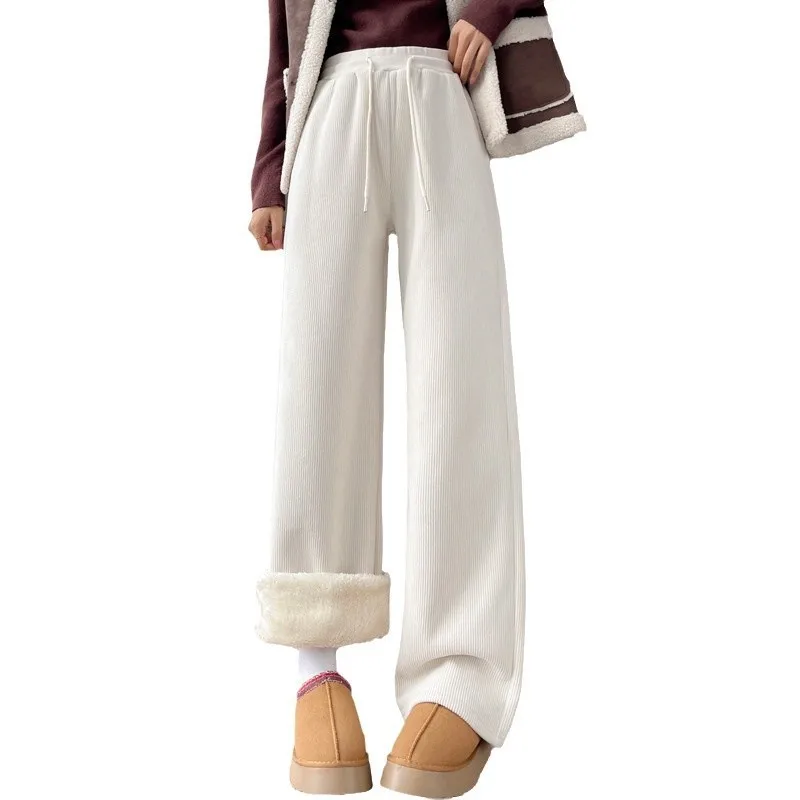 لامب المخملية بنطال ذو قصة أرجل واسعة المرأة الخريف الشتاء جديد Sle Fce اصطف ثي عادية تنوعا ثريبي الدافئة مستقيم الساق السراويل #5