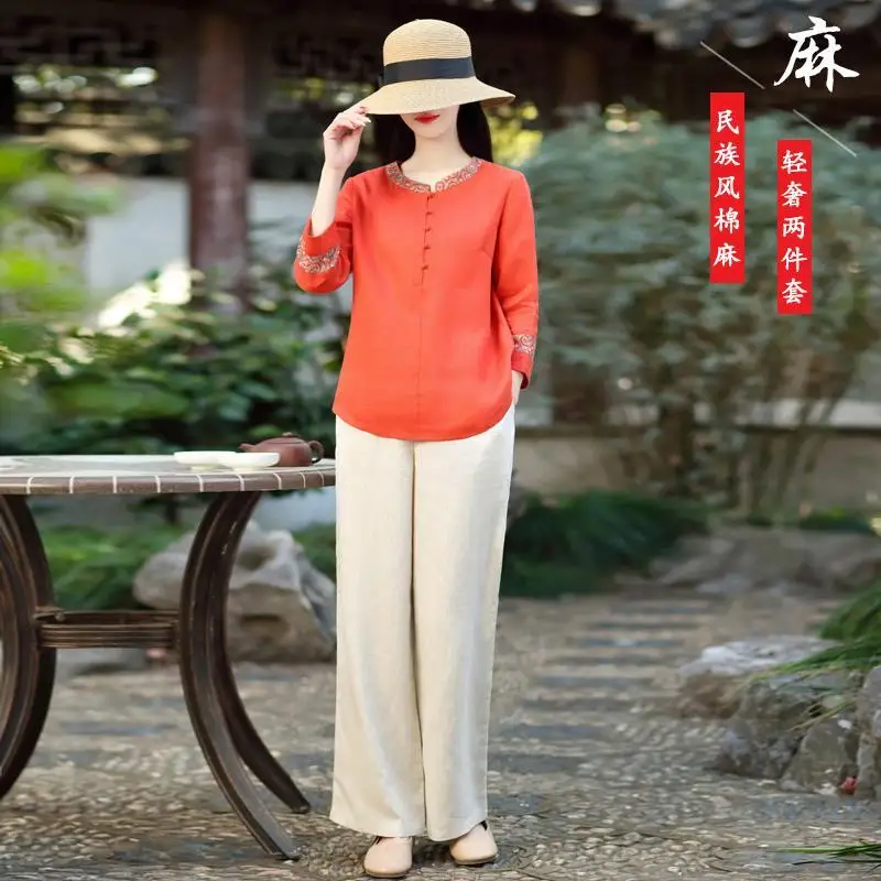 Cotton-linen Suit 2-piece Set High-end Retro Original National Style New Women's Summer Long-sleeved Wide Wife Light Luxury V3