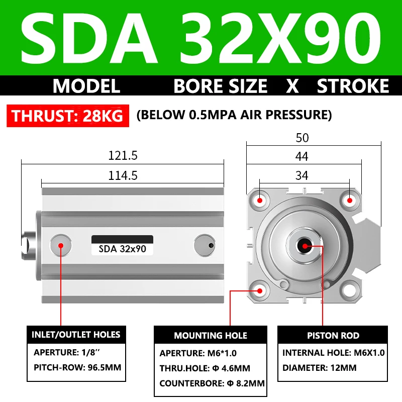 ABILKEEN SDA32X90 SDA Series Thin Air Cylinder 32MM Female Thread Bore X 90MM Stroke Double Acting Pneumatic Compact Cylinder