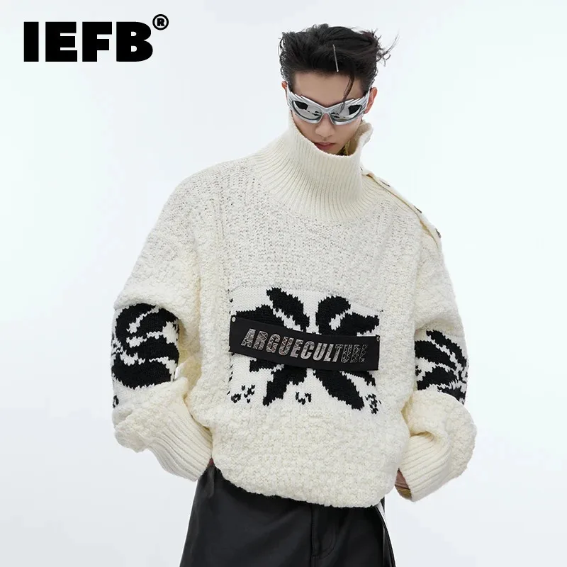 

IEFB Turtleneck Sweater Male Contrast Color Metal Buckle Design Personalized Men Wear 2024 New Stylish Knitting Top 24E1830