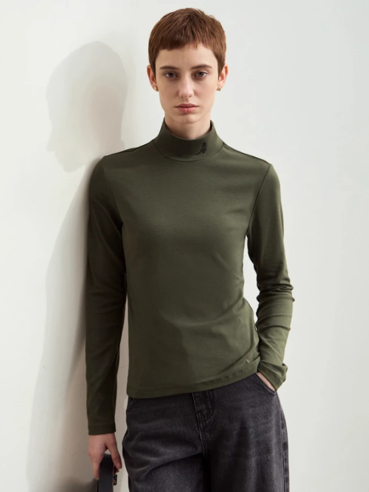 Amii بساطتها تي شيرت للنساء 2025 الخريف جديد وهمية الرقبة إلكتروني التطريز قميص قطني بكم طويل المحملة عادية سليم القمم 12423111 #3