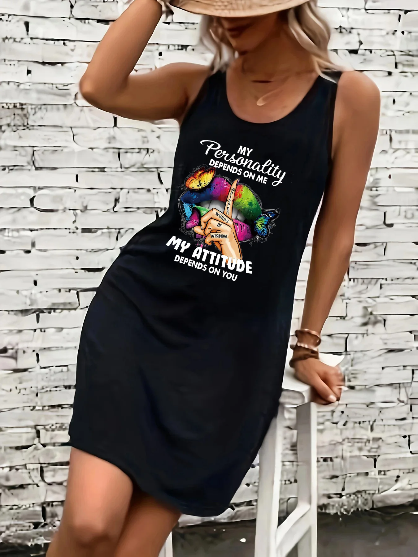 Women's Summer Loose and Comfortable Casual Butterfly Lip Print Letter Print Black Sleeveless Vest Skirt Punk Style Dress