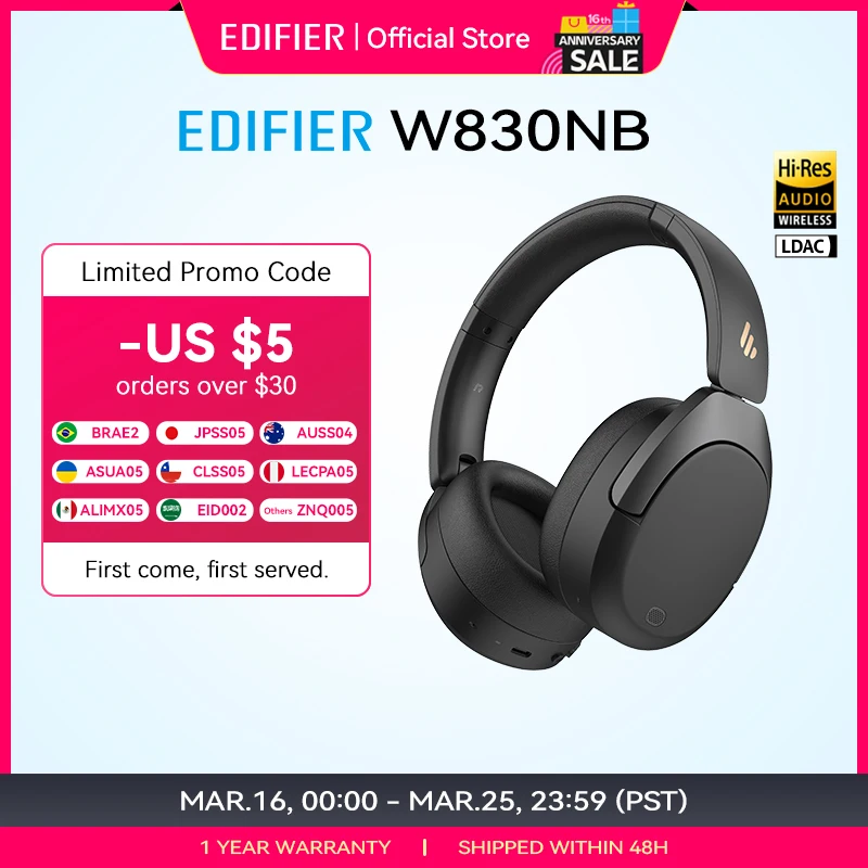 Edifier W830NB Wireless Headphones Bluetooth 5.4 Active Noise Cancelling Hi-Res Over-Ear Headset LDAC Foldable -45dB ANC 94H