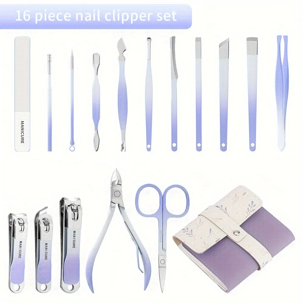 16 unids/set juego de manicura Kit de funciones completas cortaúñas juegos de pedicura de acero inoxidable con estuche portátil de cuero Idea de regalo