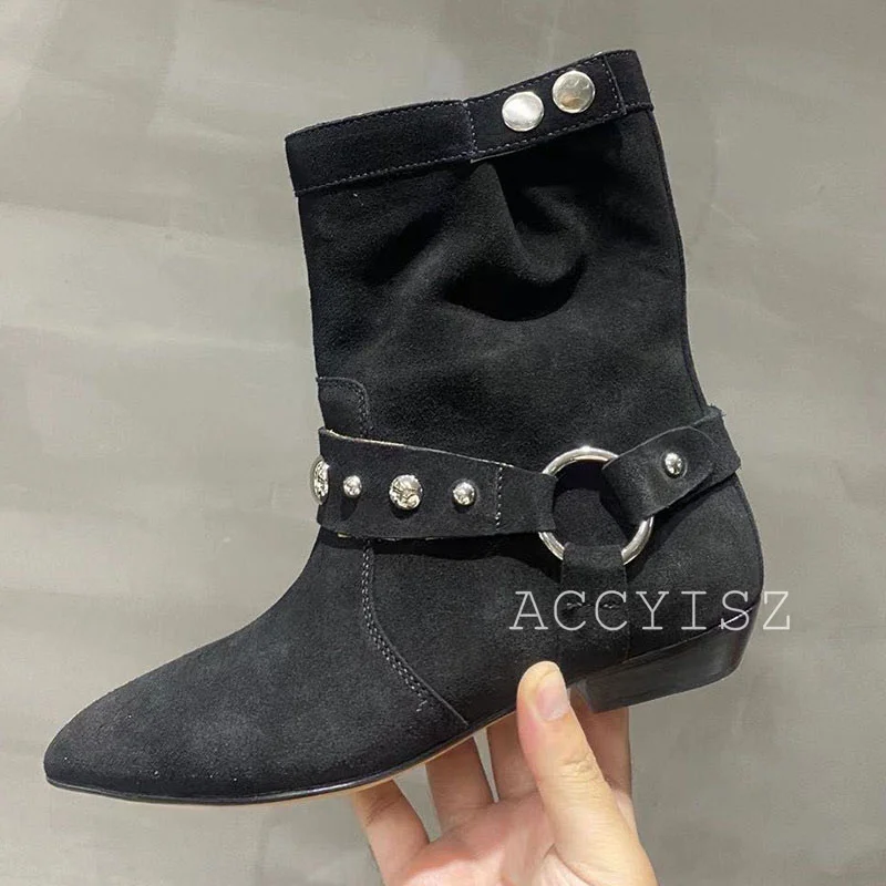 Retro Rivet Short Boots 2024 New Flat Bottom Matte Pointed toe Western Cowboy Boots Women's Metal Buckle Pullover Short Boots