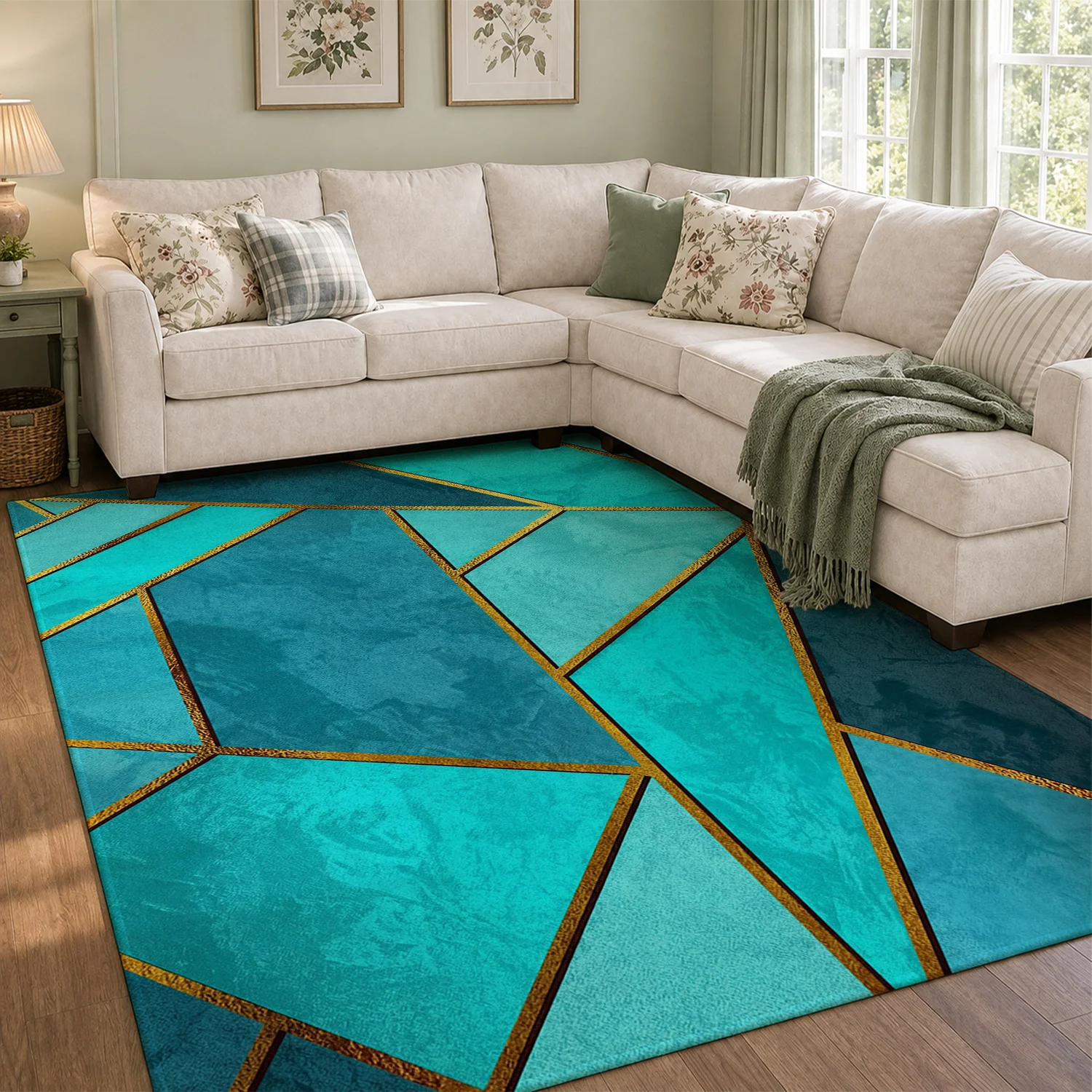 Soft Velvet Low Pile Indoor Area Rug Teal Gold