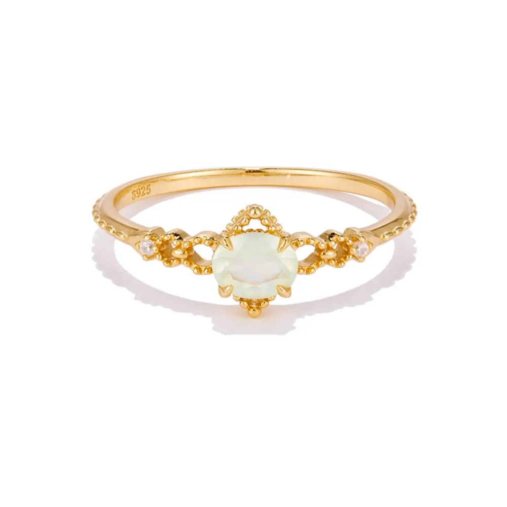 لامون خمر خاتم الأحجار الكريمة الطبيعية Prehnite للنساء رومانسية الجوف خارج 925 فضة الذهب Vermeil غرامة مجوهرات هدية