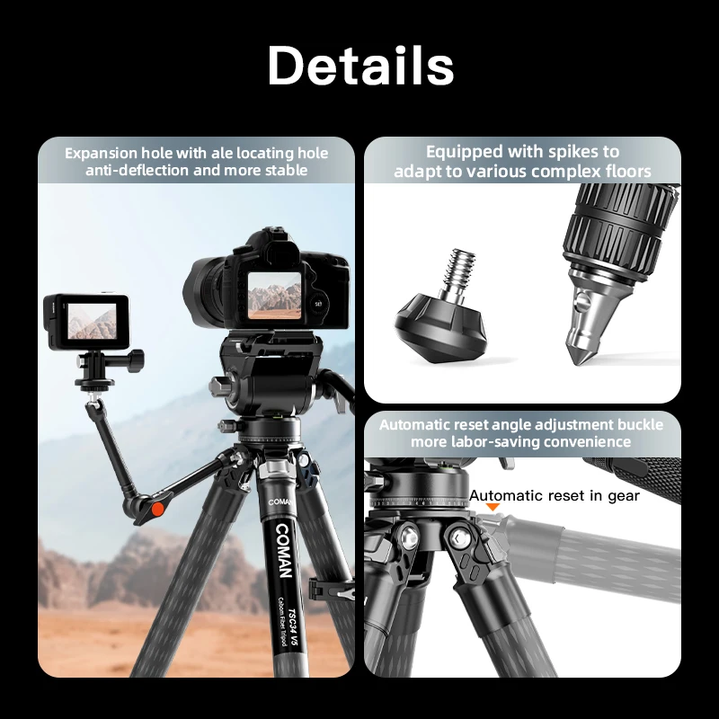 حامل ثلاثي القوائم للسفر خفيف الوزن من COMAN TSC34V5 مع نظام تحرير سريع بنقرة واحدة Q6 للكاميرا DSLR حامل ثلاثي من ألياف الكربون للفيديو