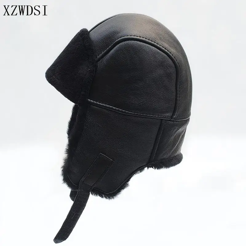 

Зимняя шапка мужская из натуральной овчины шапка-бомбер с ушками черная теплая толстая лыжная снежная ветрозащитная мужская русская шапка