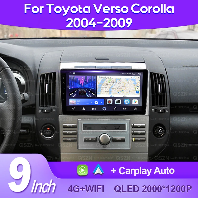 QSZN For Toyota Corolla Verso AR10 2004-2009 2K QLED Android 13 Car Radio Multimedia Video Player GPS AI Voice CarPlay 4G Stereo