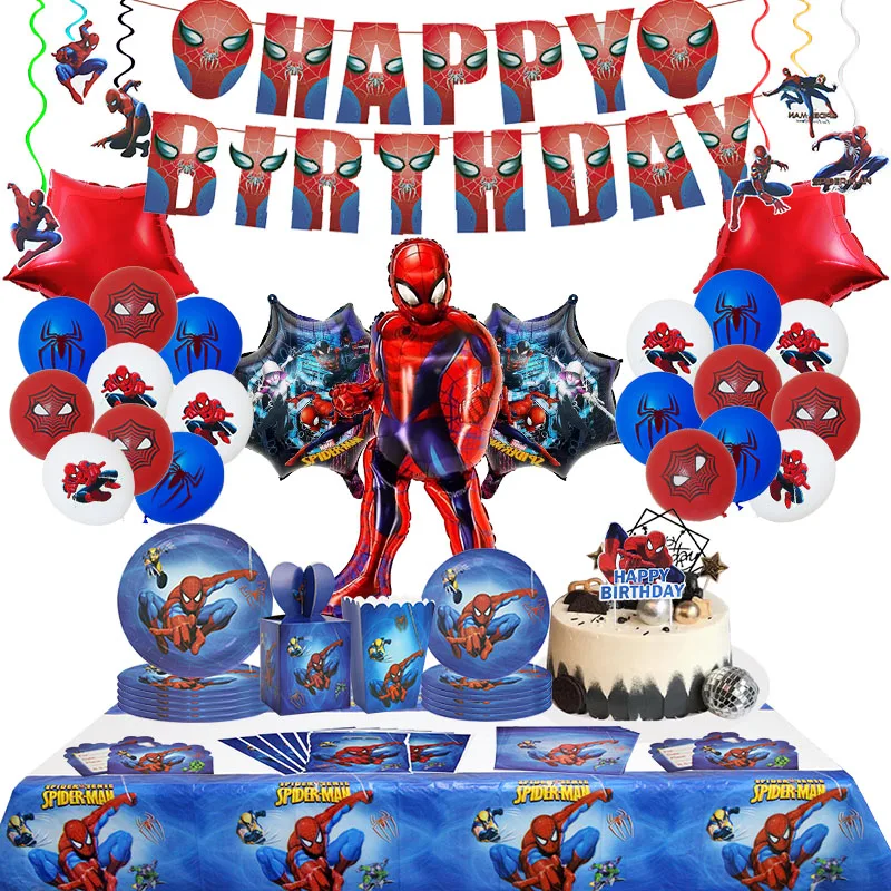 Décorations de fête d'anniversaire Spider-Man, ballons en aluminium et en latex pour enfants, fournitures pour événements, vaisselle jetable, bannière, toile de fond
