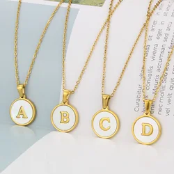 Initial Letter Necklaces for Women Trendy Stainless Steel Circle Couple Pendant Inlaid Shell Jewelry