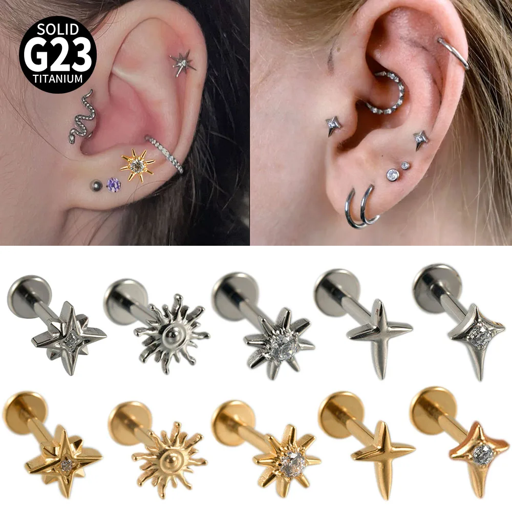 1/2/6PCS Solide Titan Zirkon Flache Rückseite Ohrring Knorpel Stern Sonne Ohrringe Stud 16G Lobe Helix Tragus Goldene Piercing Schmuck