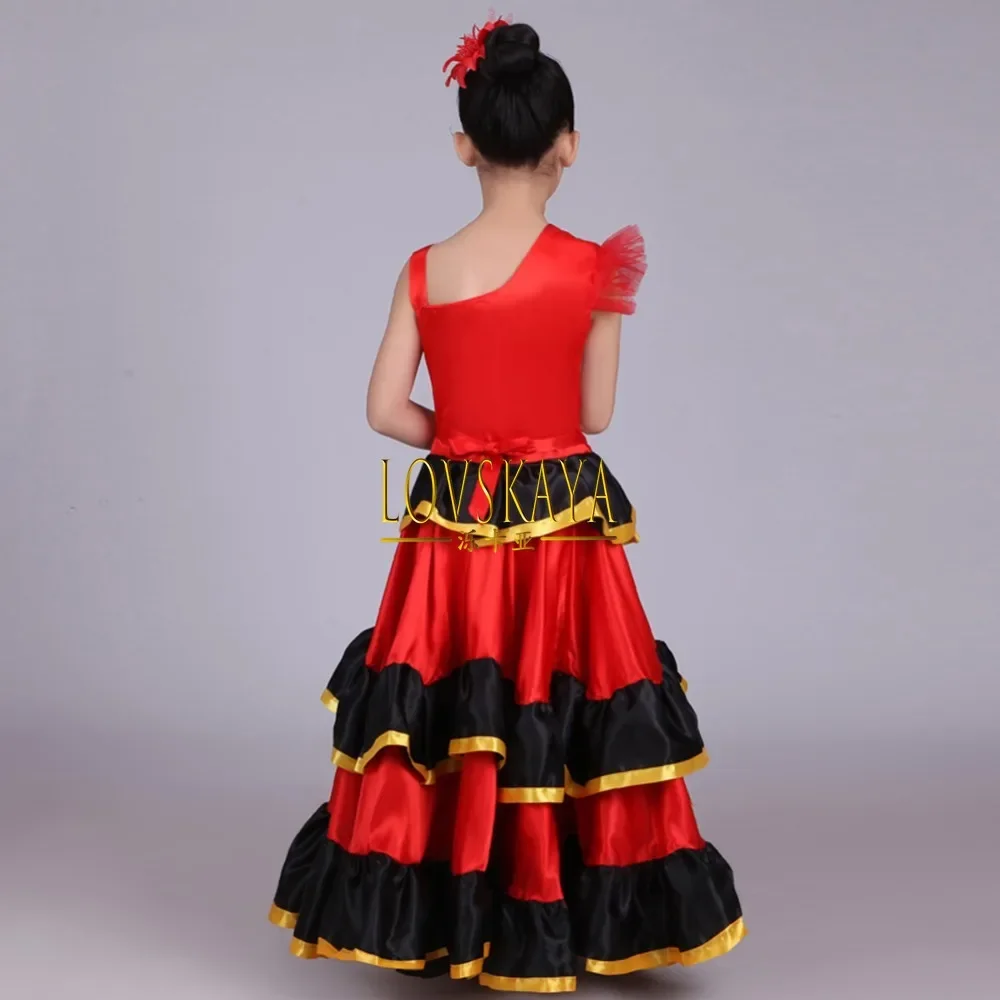 Red Belly Dance Dress Kids Girls Spanish Flamenco Costume Ballroom Tribal Dress With Head Flower