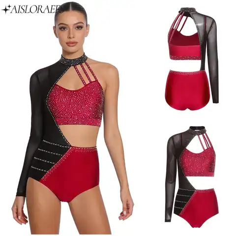 Rhythmic Gymnastics Leotard Bodysuit for Women Rhinestone Asymmetrical Hollow Out Jumpsuit Figure Skating Tango Chacha Dancewear