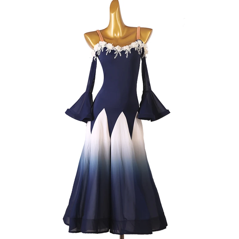 

National Standard Ballroom Dance Dress For Women Large Swing Skirt Off Shoulder Waltz Modern Dance Performance Dress DQL8122