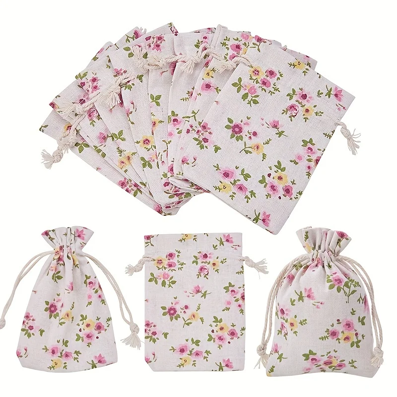 20pcs, Pink Vintage Flower Gift Treat Bags Drawstring Gift Bag Spring Floral Favor Goodies Bag For Spring Easter Party, Birthday