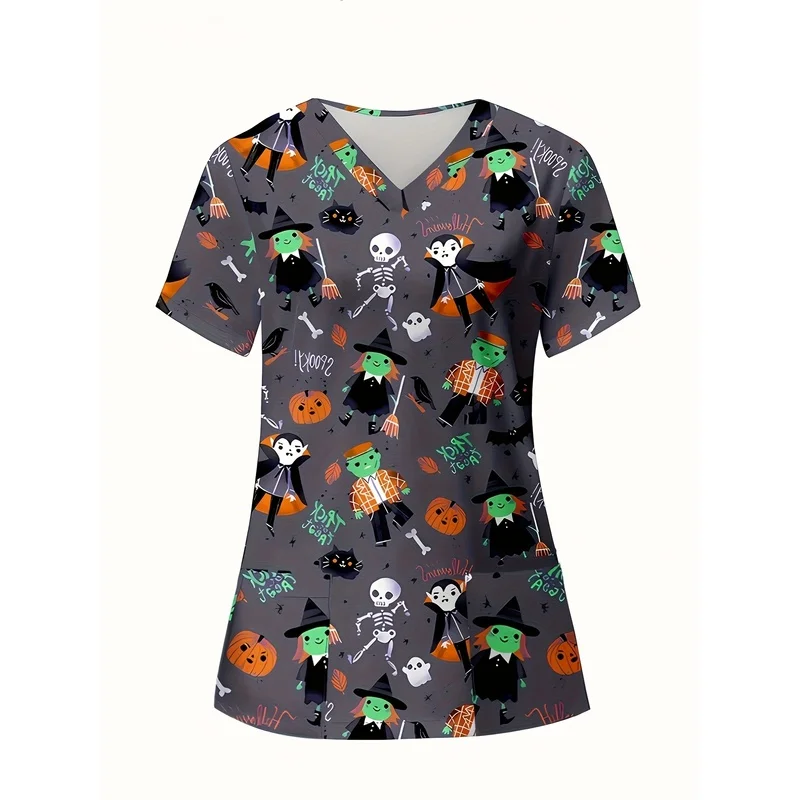 Costume d'infirmière d'Halloween pour femme – Haut à col en V avec poches et imprimés fantôme, citrouille et crâne – Fête d'Halloween