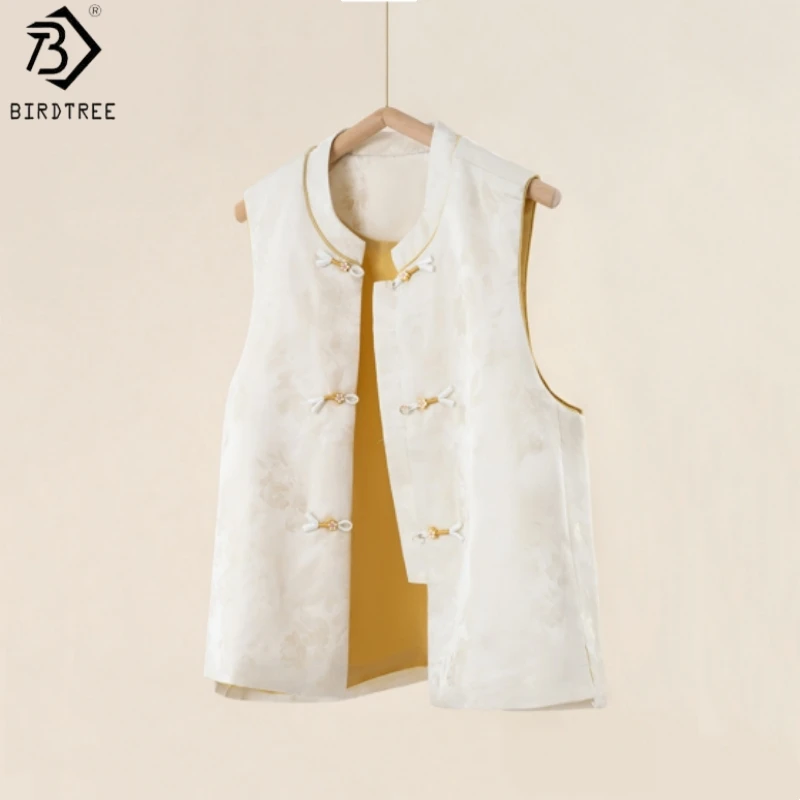 Birdtree Filling 100% Silk Waistcoat, Women's Stand Collar Buckle Vest, Warmth Chinese Style Tank Tops, 2026 Autumn New T69306JF