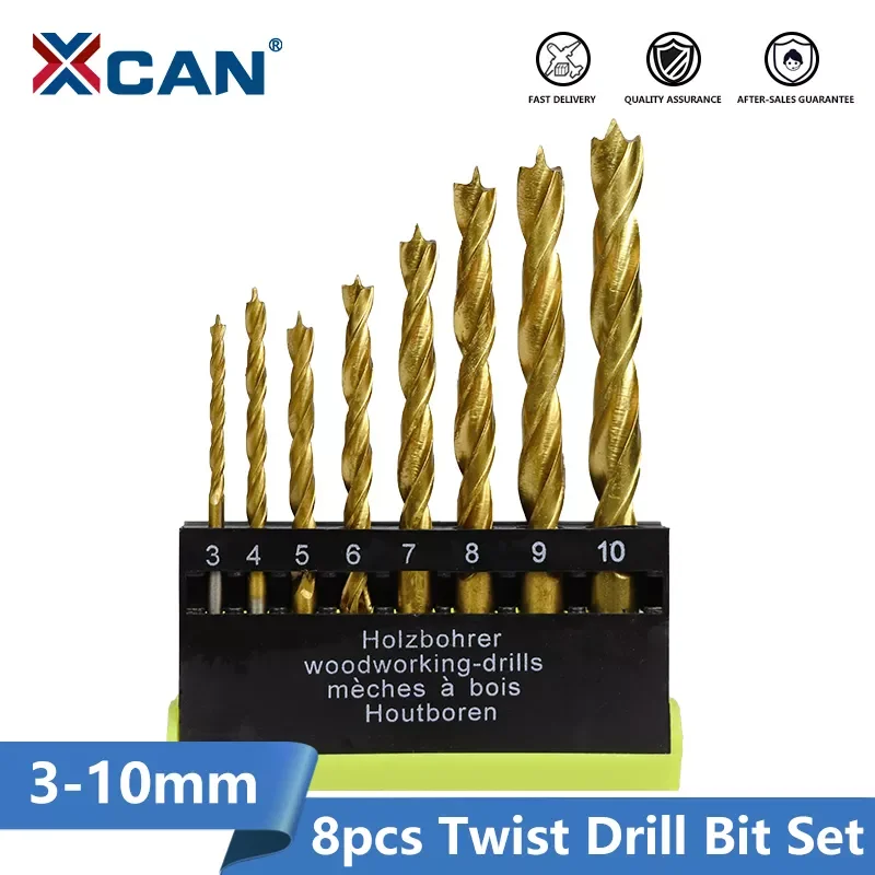 

XCAN 8pcs 3 Flute Twist Dril Bit Set 3-10mm Brad Point Wood Drill Bit Titanium Coated Woodworking Metal Drilling Tools