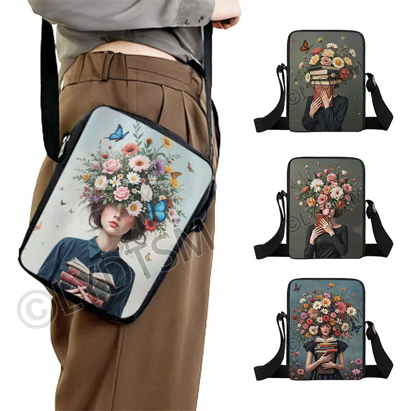 Elegant Woman and Books Graphic Print Crossbody Bag Flowers and Butterfly Women Handbag Shoulder Bag Phone Holder Messenger Bag