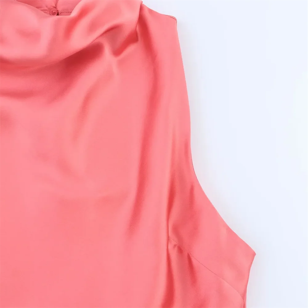 BM&MD&ZA2025Summer Novidades Mulheres Sem Mangas Temperamento Reto Cor Pura Cetim Texturizado Vestido Midi