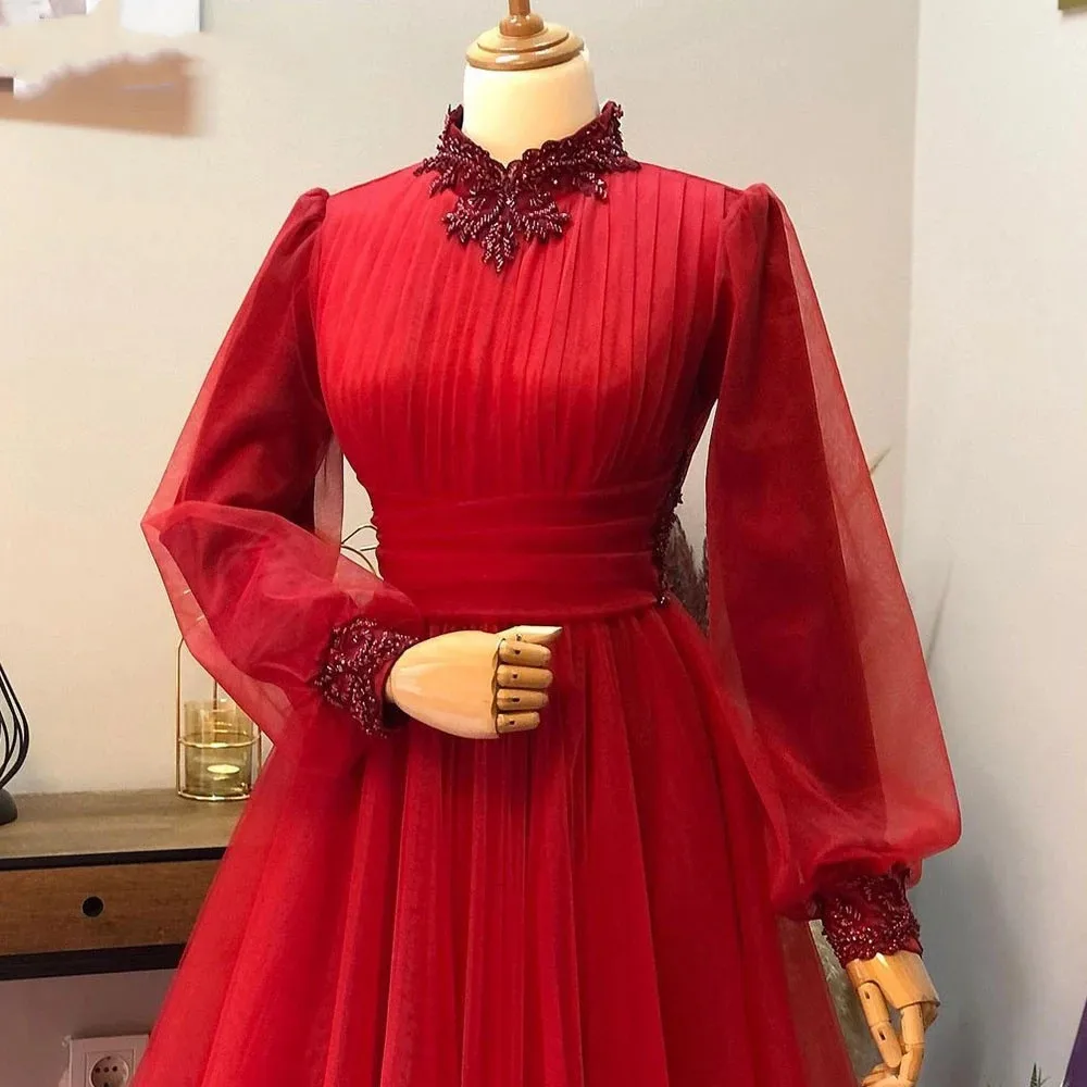 Customized Muslim Red Evening Gowns High Neck Long Sleeves Elegant Night Party Gowns Israel Beads Arabic Moroccan Robe 2023