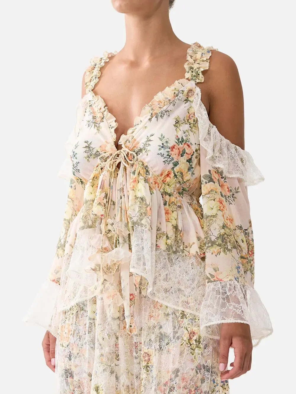 

Women Floral Print Blouse Top Lace Embroidery Patchwork Off-Shoulder Flare Sleeve Elegant Ladies 100% Silk Shirt