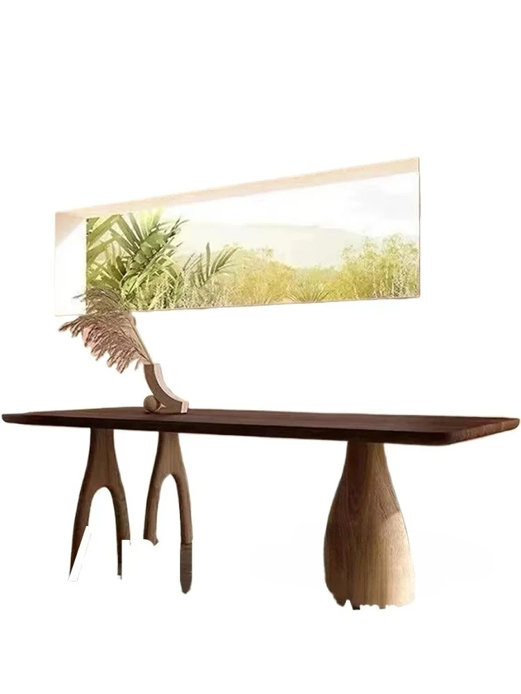 Walnut retro solid wood dining table French medieval rectangular conference table wabi sandy wind log negotiation table tea