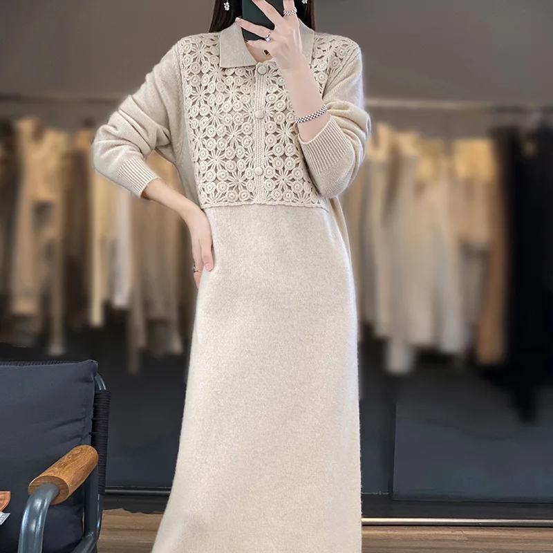 Women\'s Polo Neck Embroidered Cashmere Sweater Knit Dress, Long Knee-length Skirt, Loose Slim Dress, Autumn and Winter