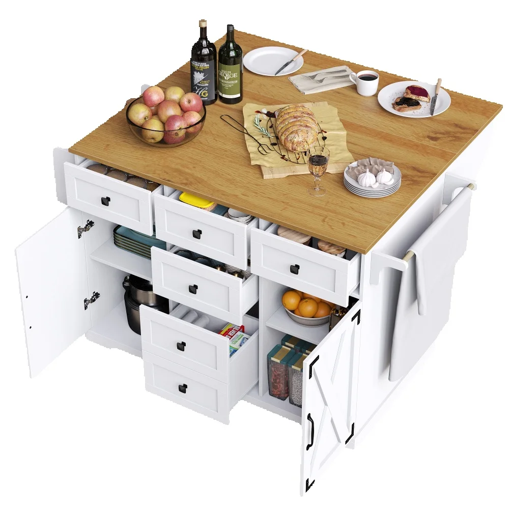 Hochwertige Kücheninsel, Multifunktionaler Servierwagen mit Holzmaserung & großem Stauraum, Mobiler Buffetschrank, Küchenwagen für Esszimmer,Wohnzimmer,Küche,weiß
