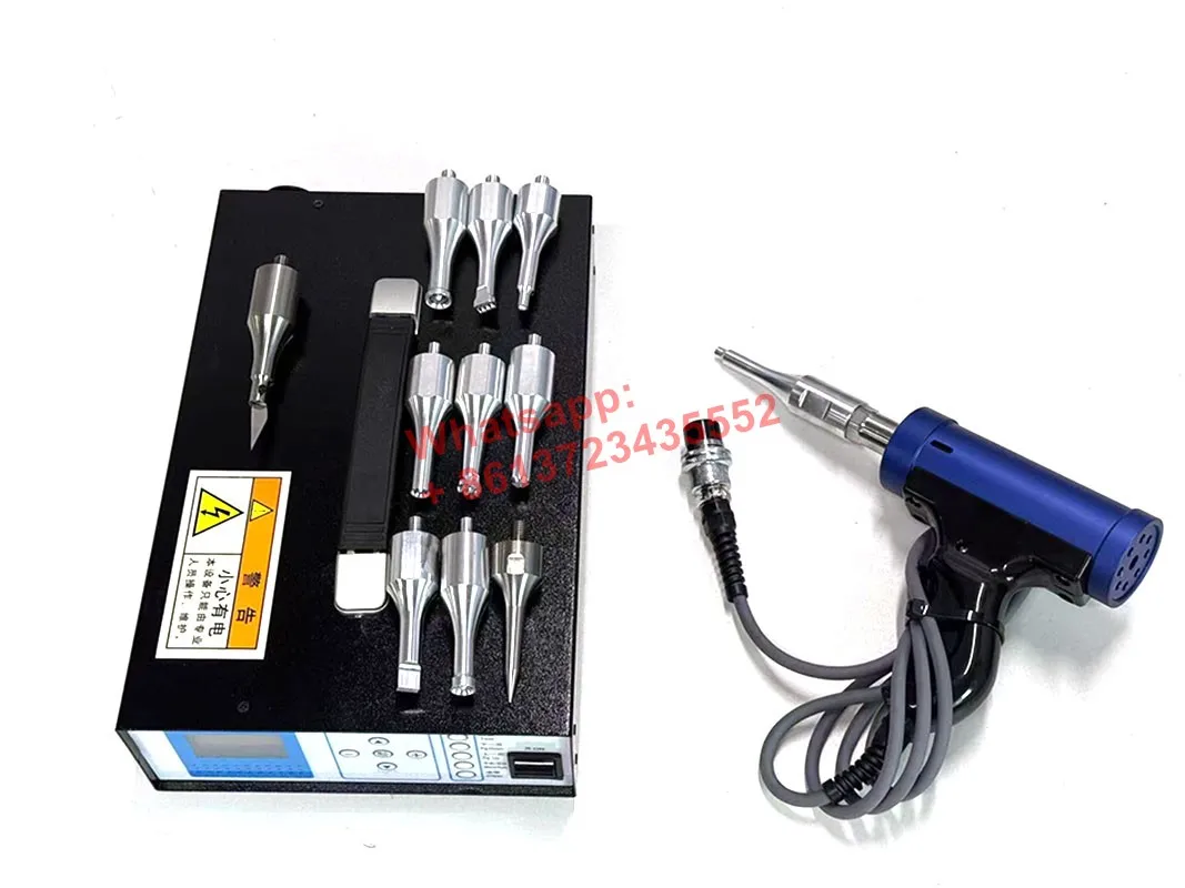 Handheld ultrasonic plastic welding machine (28kHz) for modifying car interior door panels features spot welding functionality.