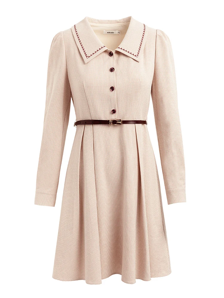 OLrain French Elegant Dress Women 2025 Autumn Embroidery Lapel Belt Long Sleeve Plaid Dresses Simple Female Clothing O21CL36685