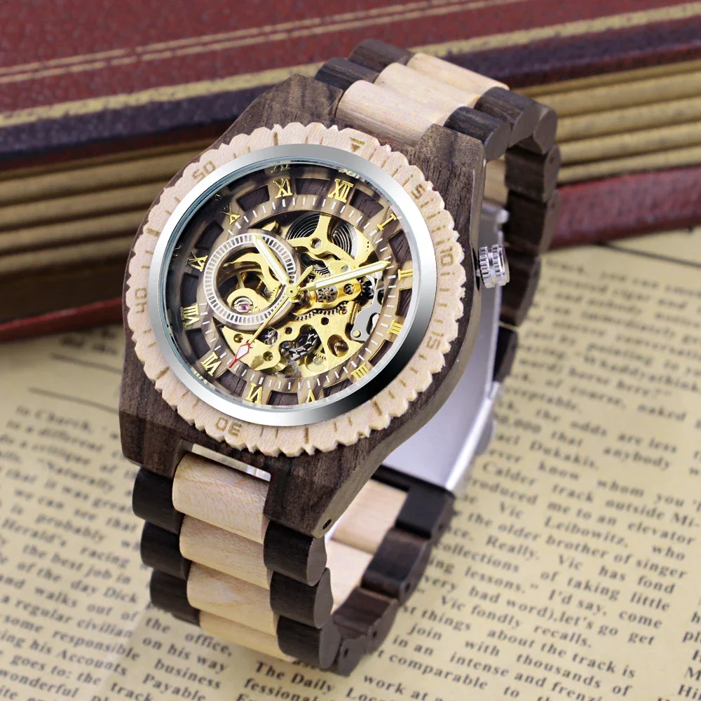 

Black Dual Panel Luxury Wooden Hollowed Out Men's Mechanical Watch with Fashionable Design Dial and Lightweight Wooden Watch