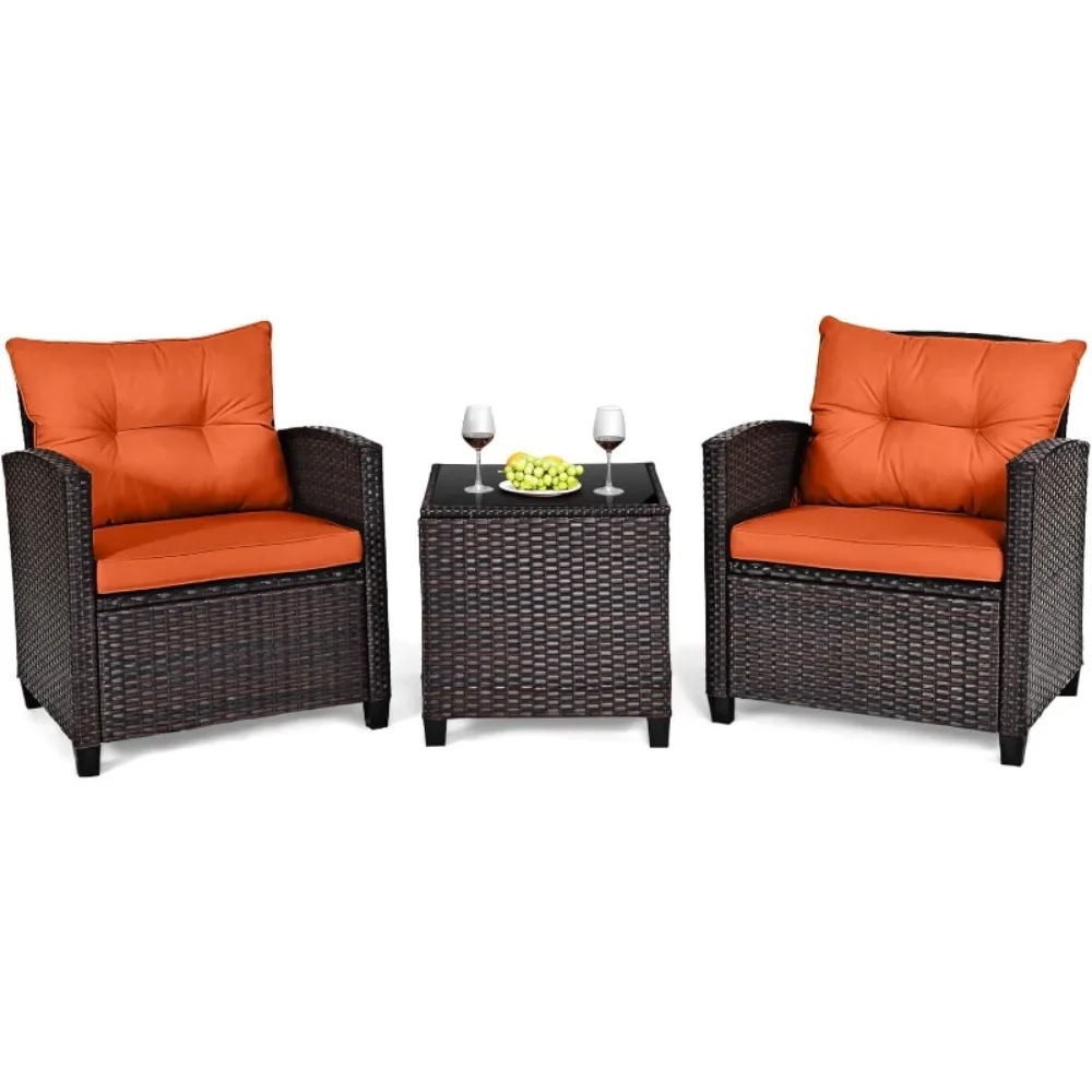 

3 Pieces Patio Furniture Set Outdoor Furniture Rattan Wicker Chairs and Table Set, Washable Cushions Tempered Glass Coffee Table