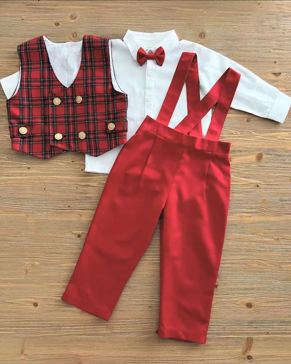 0-6Y Baby Boy Set Autumn Winter Red Plaid Vest White Shirt Red Trousers for Party Birthday Photography Christmas C344