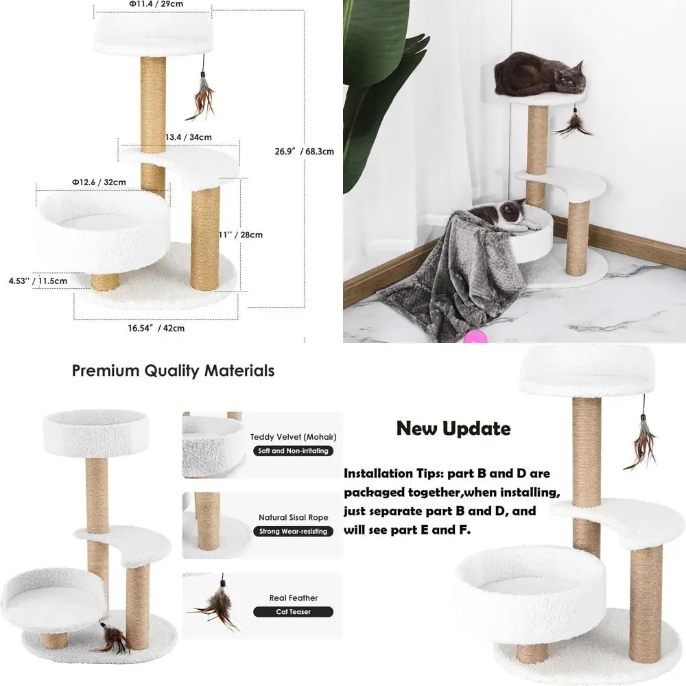 

Compact Cat Tree Tower with Sisal Scratching Post, Hammock, Perch, Bed, and Feather Toy - Easy Assembly, Ideal for Small Cats