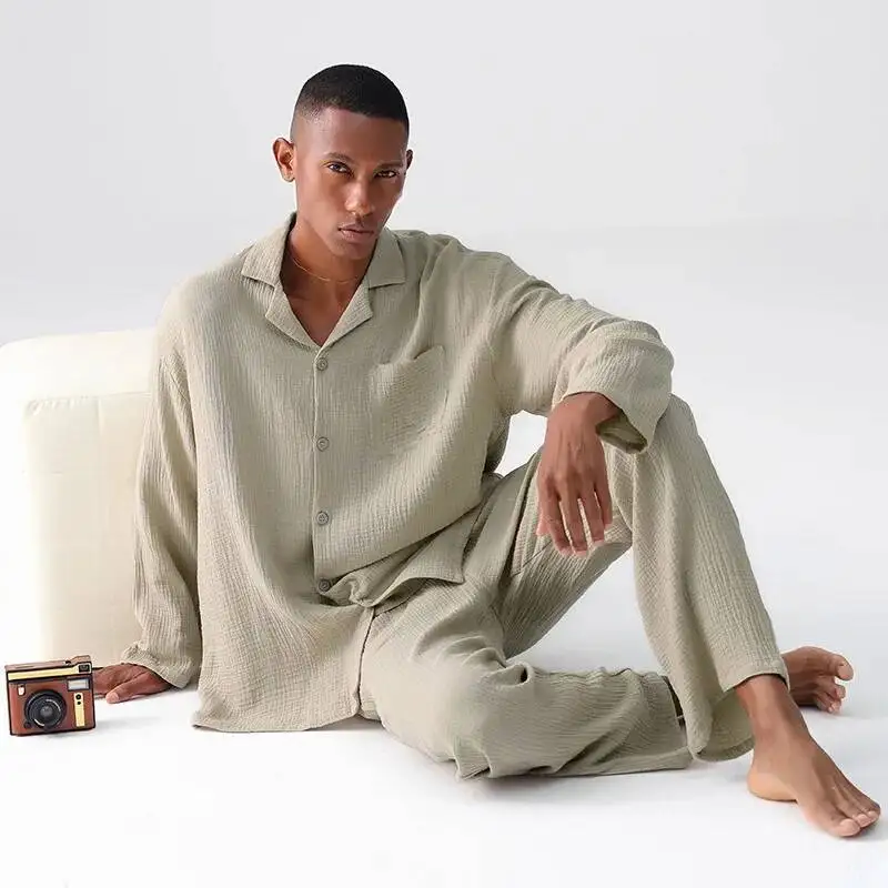 Men's Cotton Pajamas Set Spring Autumn Woven Gauze Long Sleeve Thin Set Winter Comfortable Loungewear