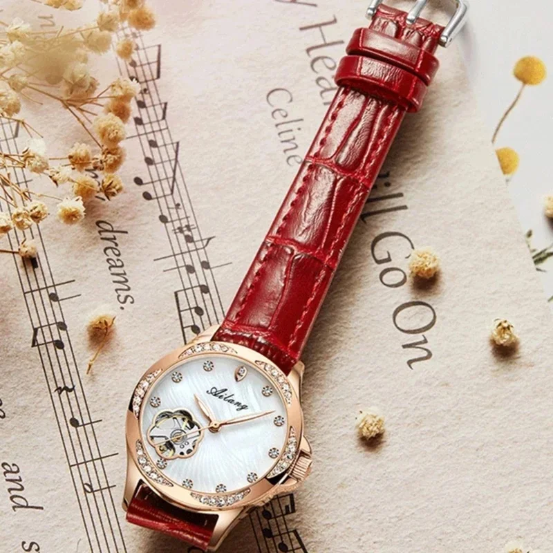 AILANG-8312 Luxury Ladies Skeleton Automatic Watch MOP Dial Diamond Markers Red Leather Band Waterproof Women Clock