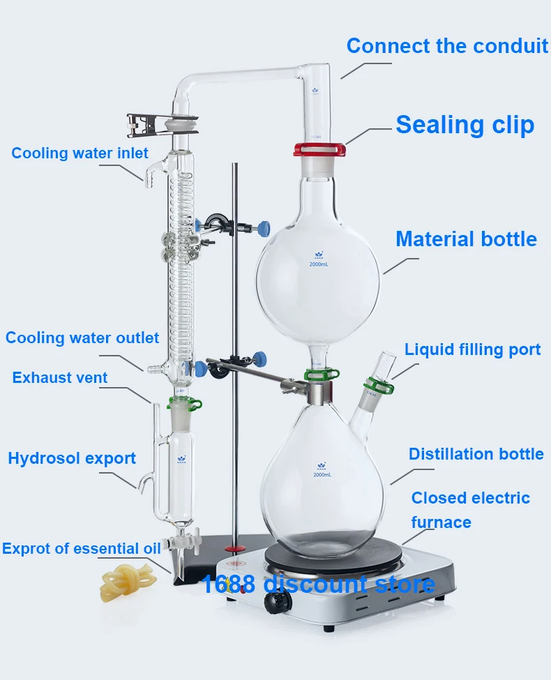 

Full Set Essential Oil Extraction Separator Electric Water Device 1000/2000ml Hydrosol Distillation Equipment Graham Condenser