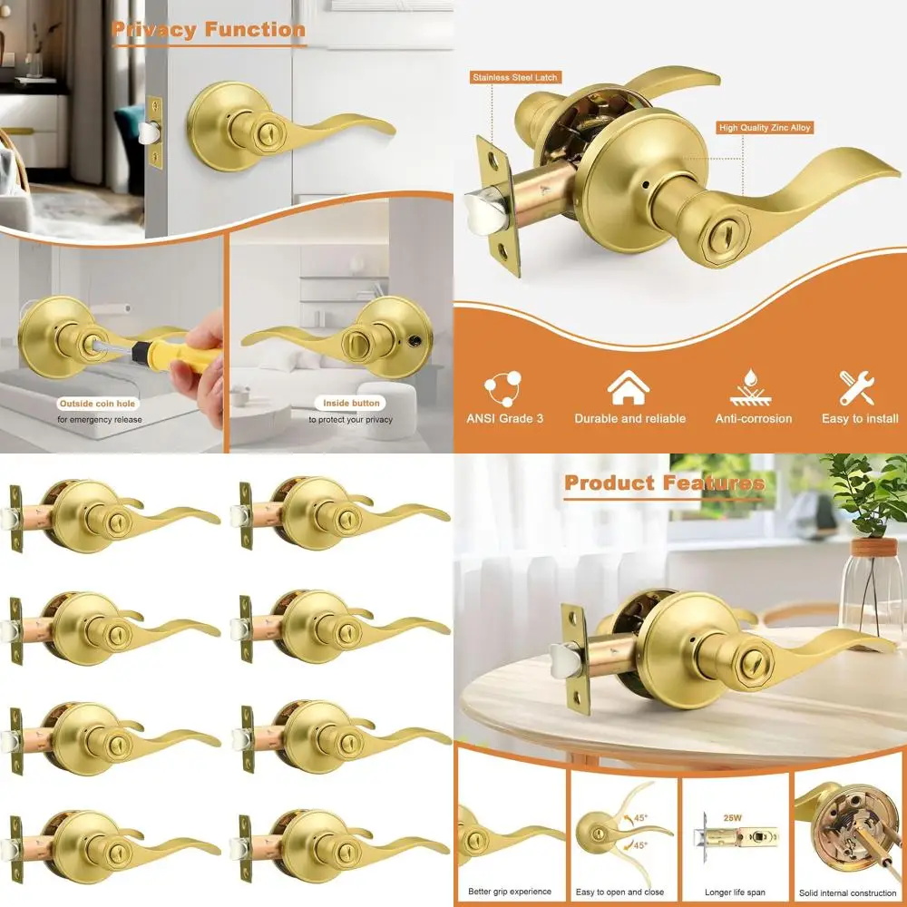 

8-Pack Wave Style Brushed Gold Privacy Door Levers for Bedroom & Bathroom, Keyless Entry Handles