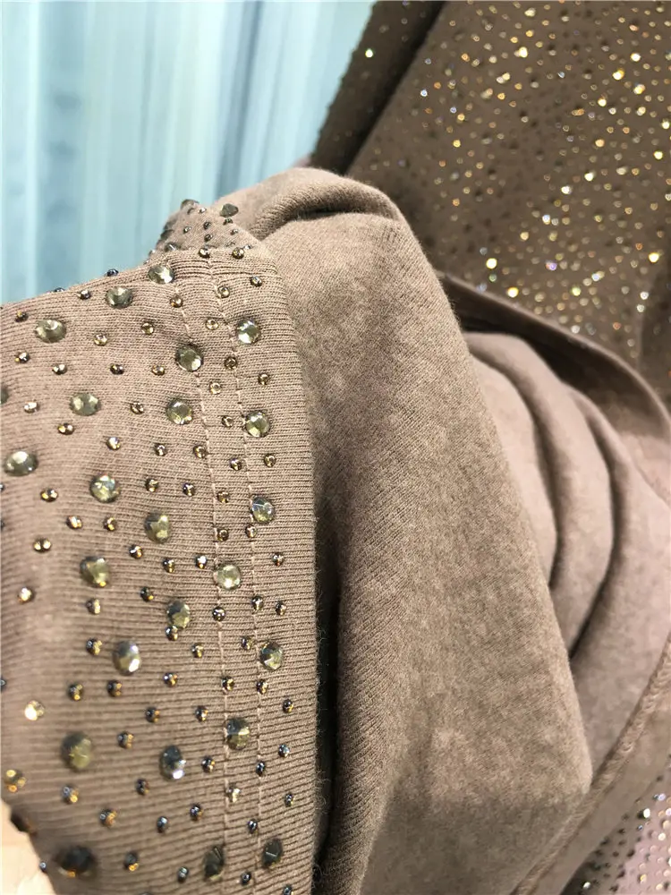 High Quality Spring Loose Women Short Sleeve T-shirt Thicken Shiny Hot Diamonds Round Neck Pullover Top Oversize Cotton Tshirts