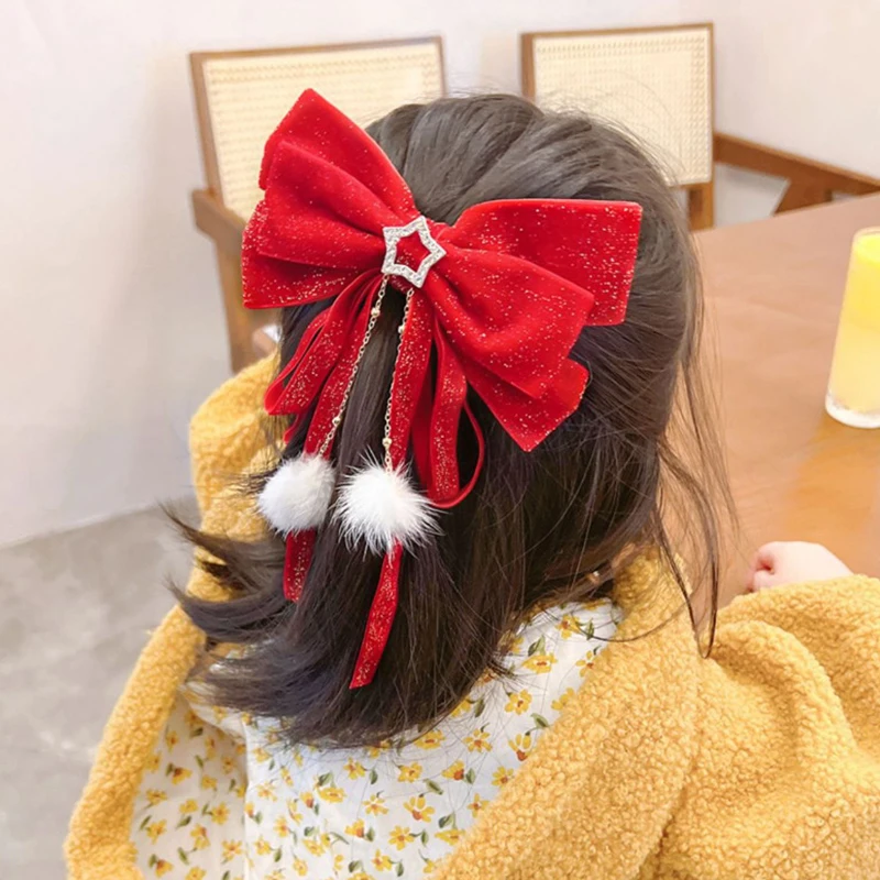 女の子のための大きな赤いベルベットの弓,ヘアアクセサリー,ポンポン,ストリーマー,ヘアピン,クリスマス,新年,装飾的なペンダント