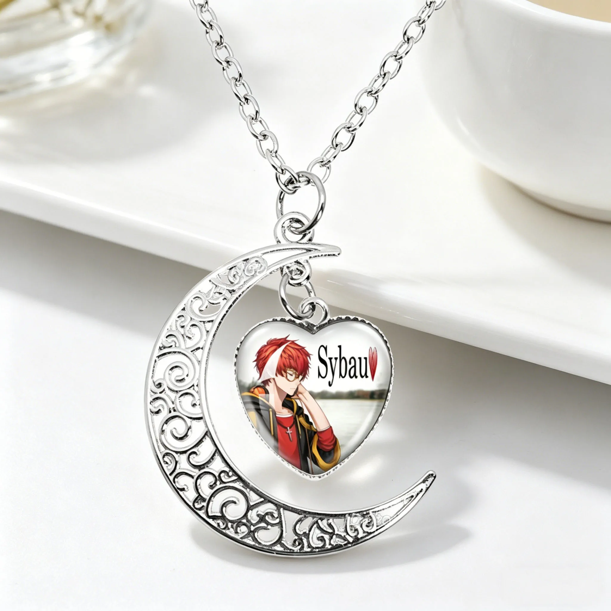 Collier Mystic Messenger Game 707, pendentif en forme de cœur avec cabochon en verre motif lune, bijou fantaisie, cadeau pour fans